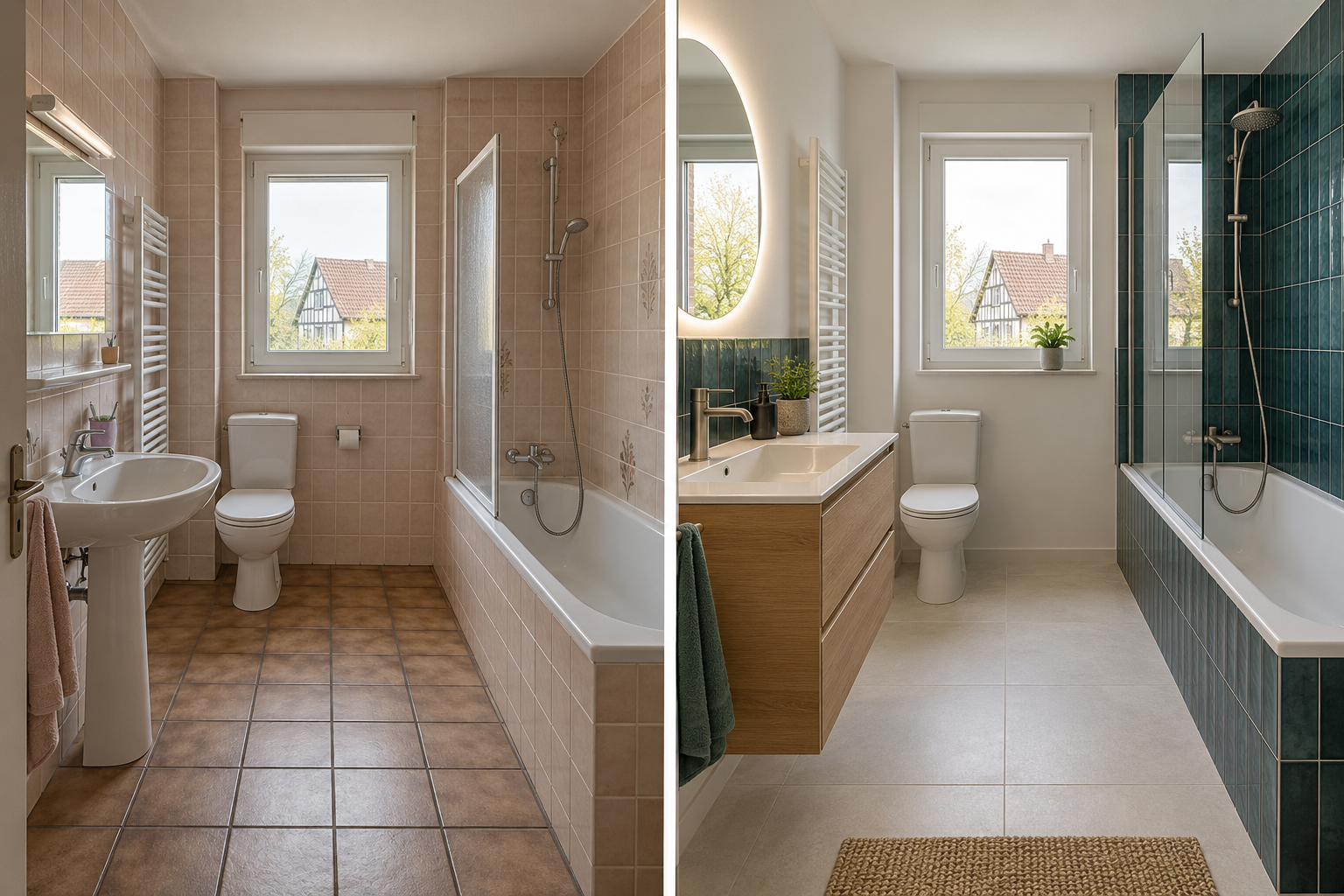 Avant et après fictifs d’une salle de bain : carrelage beige à gauche, sol effet pierre claire et faïence bleu pétrole à droite.